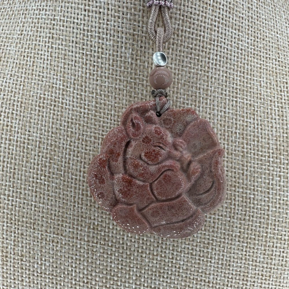 Pink Coral Fossil Sleeping Nine Tail Fox Pendant Necklace; Adjustable Rope - Picture 5 of 16